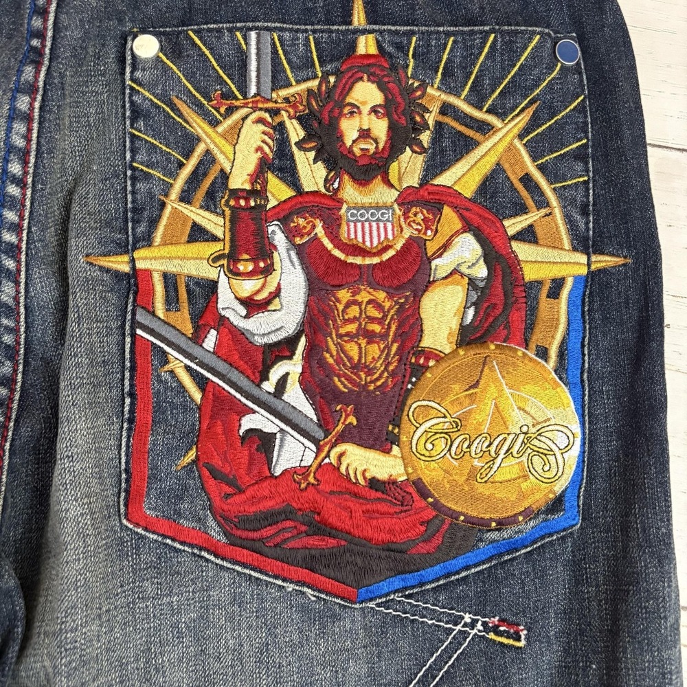 Coogi Jeans Mens 36x34 Blue Denim Relaxed Wide Leg Embroidered Graphic Hip Hop - Picture 3 of 16